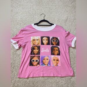 BARBIE Mattel crop tee pink with white and multi Barbie head graphics size L